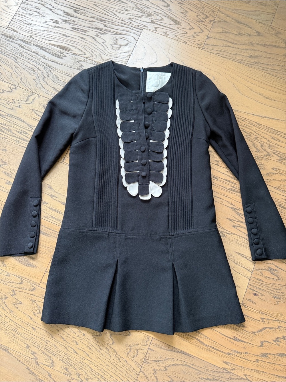 Black Long-Sleeve Mini Dress with Contrast Scallop Bib
